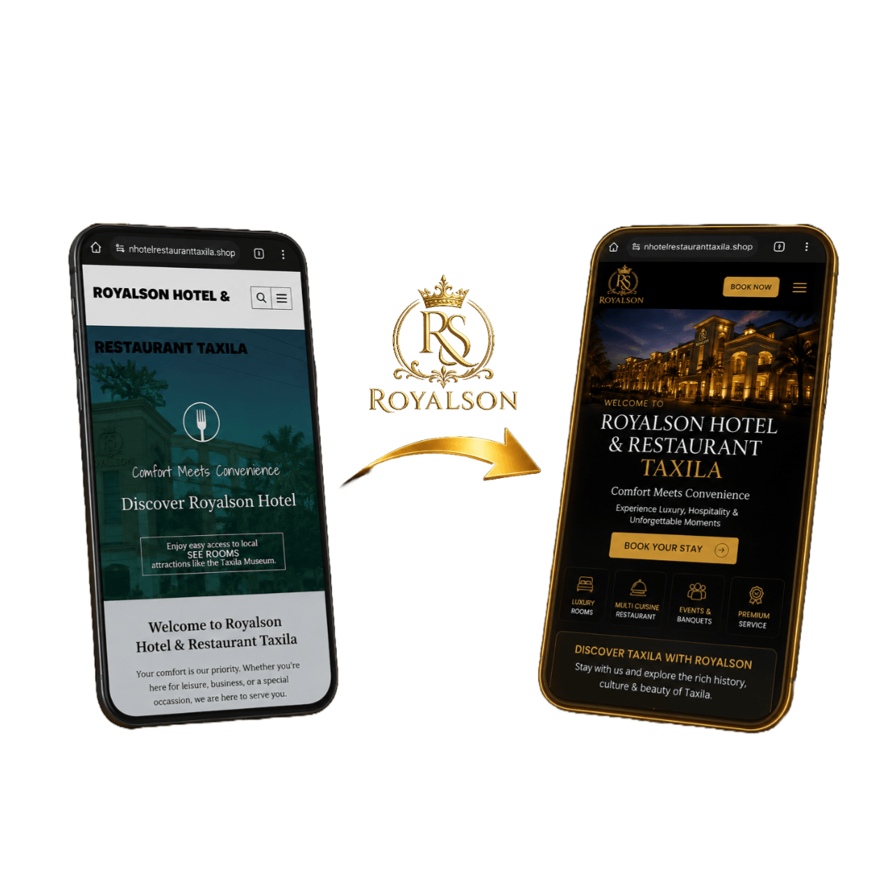 Before-and-after website transformation for Royalson Hotel and Restaurant Taxila by LevelUp Rank — outdated design upgraded to a premium modern site